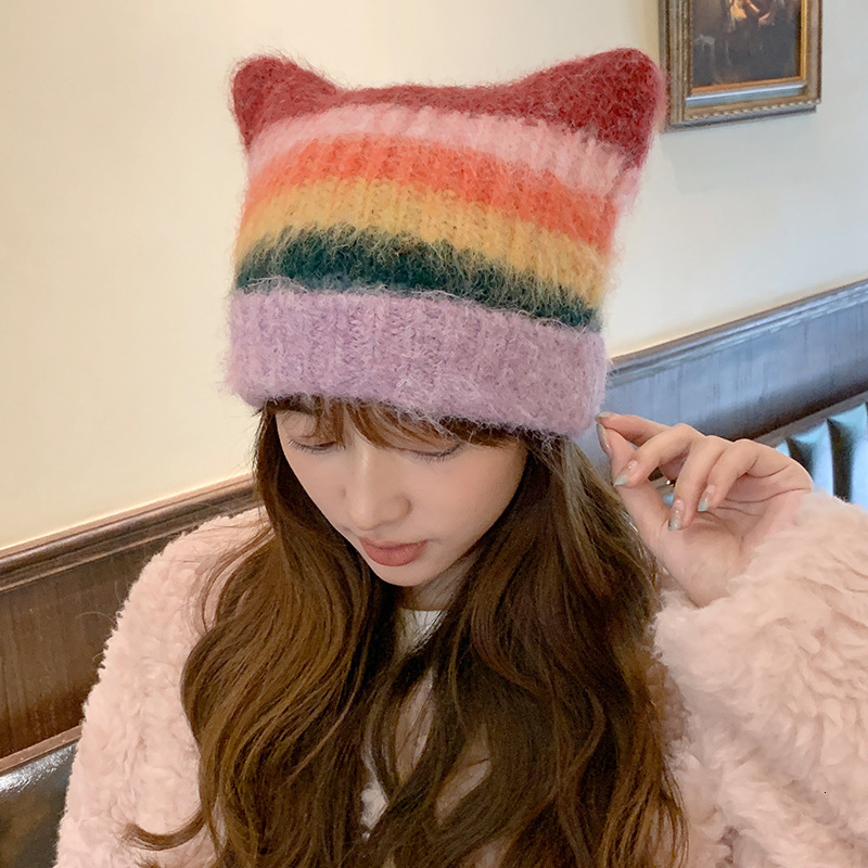 2024 Cat Ear Knitted Hat Solid Warm Pig Ear Wool Hat Cute and Fashionable Hooded Niche Design Hip Hop Personalized Cold Hat 240625
