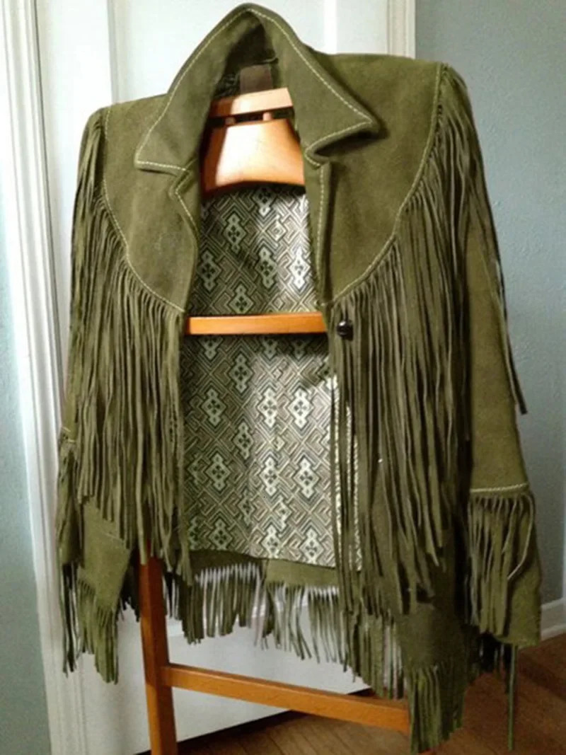 Casual brown collar pocket suede jacket fashionable womens single button long sleeved tassel coat womens autumn street jacket 241031