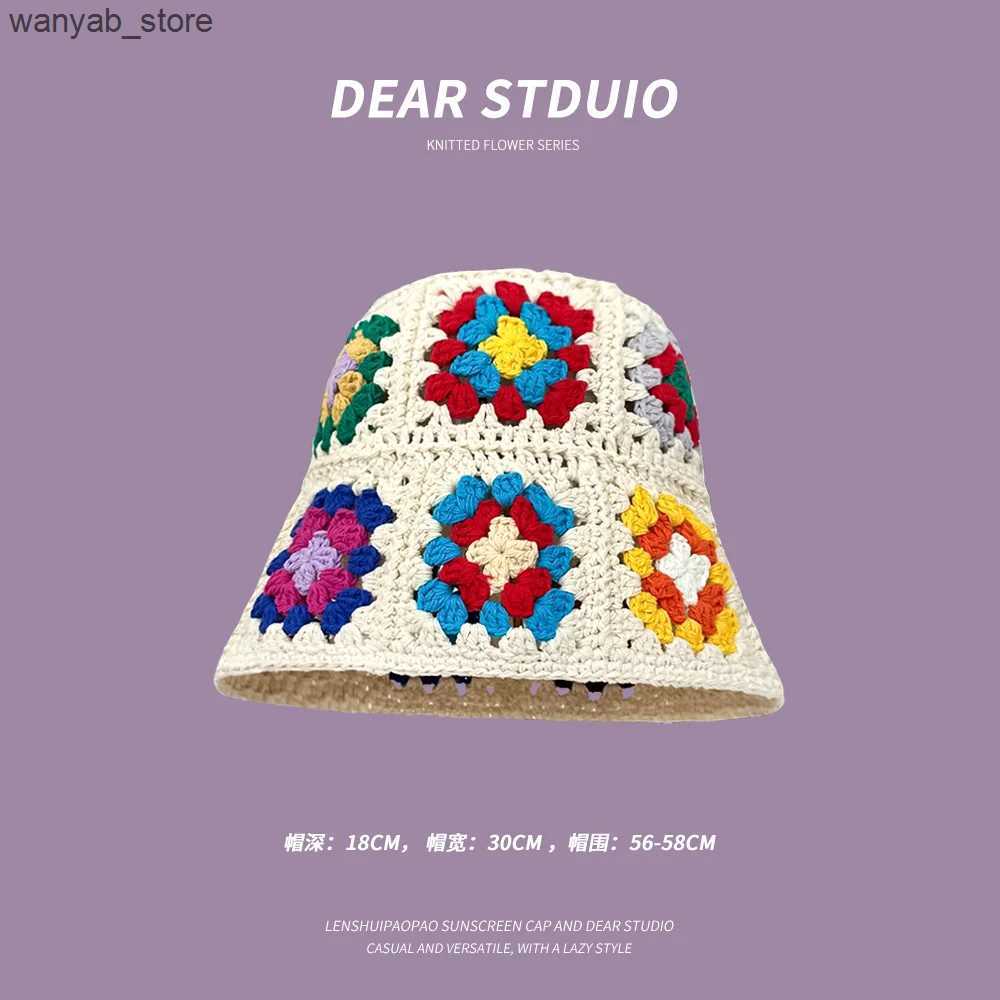 Wide Brim Hats Bucket Hats Japanese Hollow Flower Crochet Bucket Hat Bikini Knit Fisherman Hat for Women Autumn Winter Sweet Wool Beanies L240910
