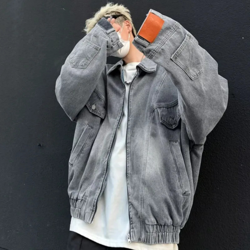 PFNW Washed Inverted Denim Jacket American Vintage Workwear Zipper Lapel Mens Trendy Oversize Coat Autumn 12C1140 241031