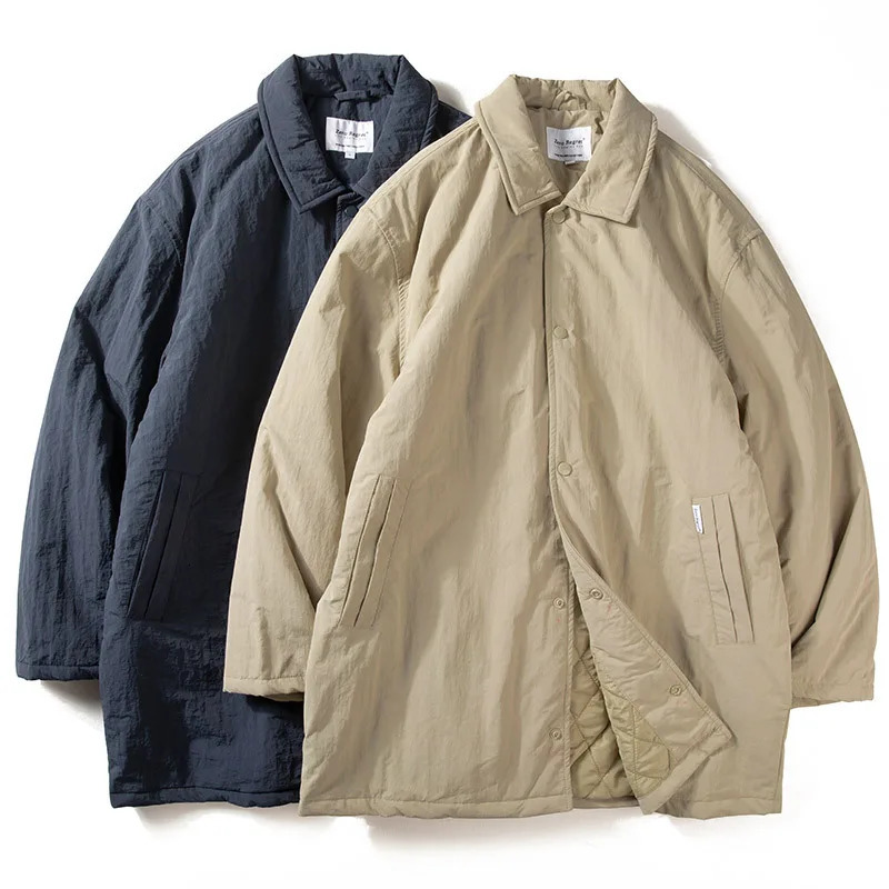 Japanese Vintage Lapel Cotton Jacket For Men Winter Mid-Length Cotton Coat Mens Warm Quilted Windbreaker Cityboy Jacket Men 241031