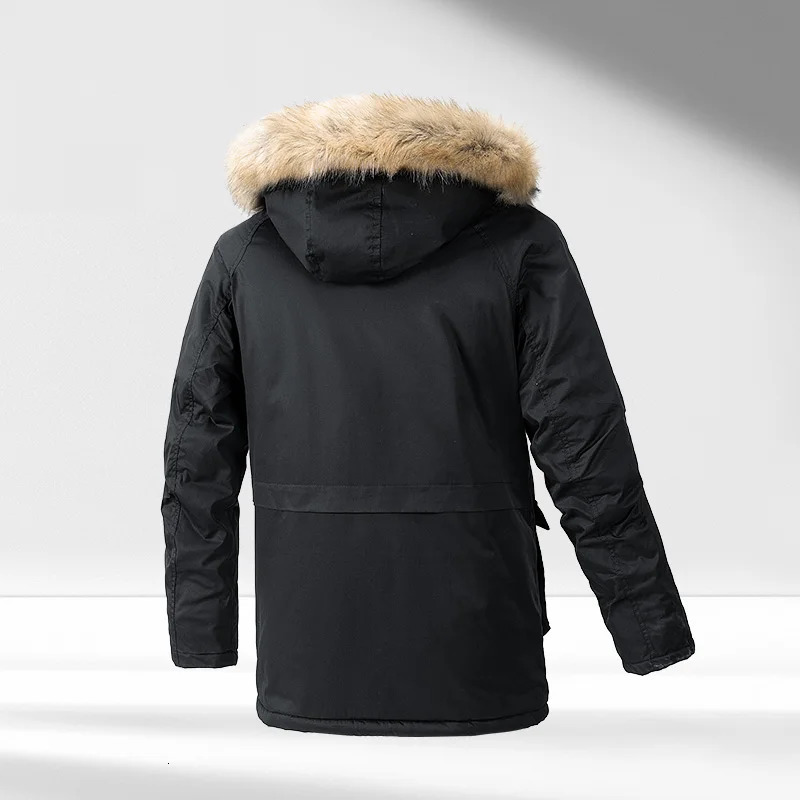 Mens padded Clothing Autumn Winter Fashion Warm Thickened Outdoor Hooded Fur Collar Trench Coat Medium Length Jacket 241031
