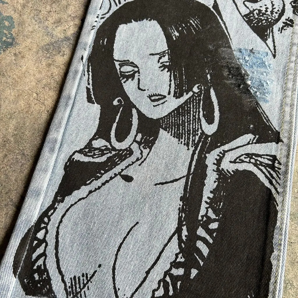 Harajuku Japanese anime printed luggage jeans wide leg Trouser streetwear Y2k mens high waisted pants