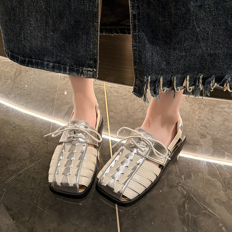 Women's Fashion Slippers:Knitted Hollow Retro Style Sandals New Trendy Casual Versatile Square Toe ,Black/Silver/Brown,Free shipping