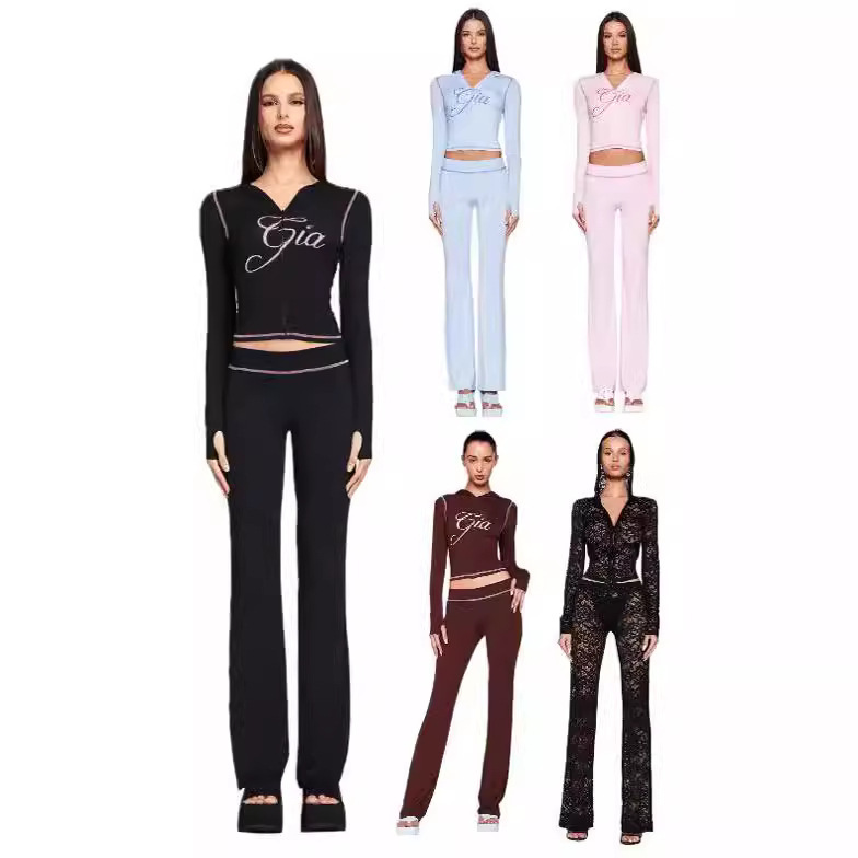 I am gia Womens Tracksuit Piece Set Designer Sports Suit For Women Flared Pants Zip-up Cap Long Sleeve High Quality Spring Top & Low Waist Micro Social