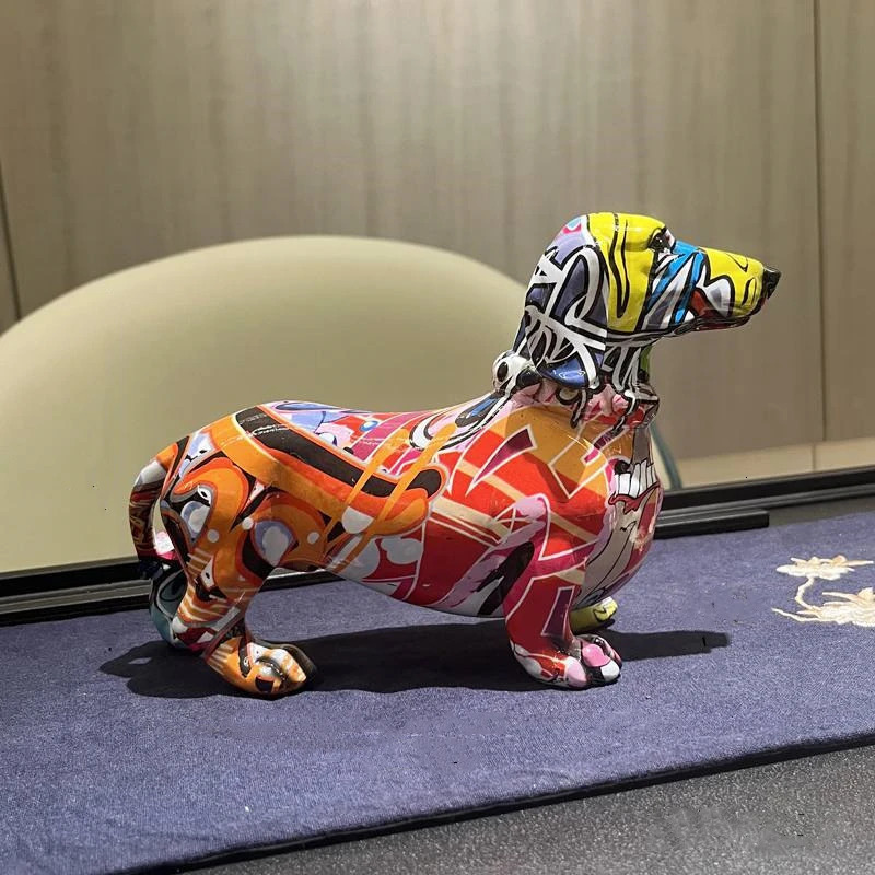 Creative Graffiti Dachshund Dog Statue Home Decor Colorful French Bulldog Sculpture Animal Figurine Living Room Desk Accessories 240322
