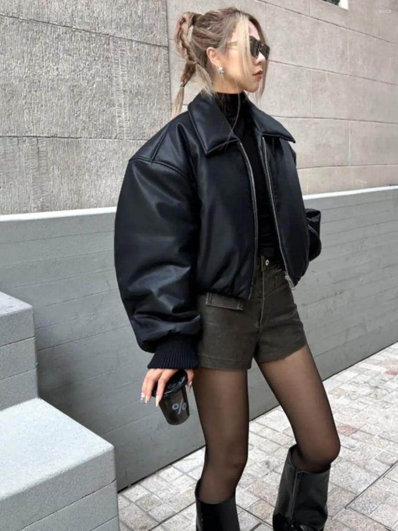 Women's Jackets Pu Leather Puffer Cotton Padded Warm Black Slim Crop Top Short Jacket Autumn Winter Thickened Cropped Motorcycle Coat Y2k