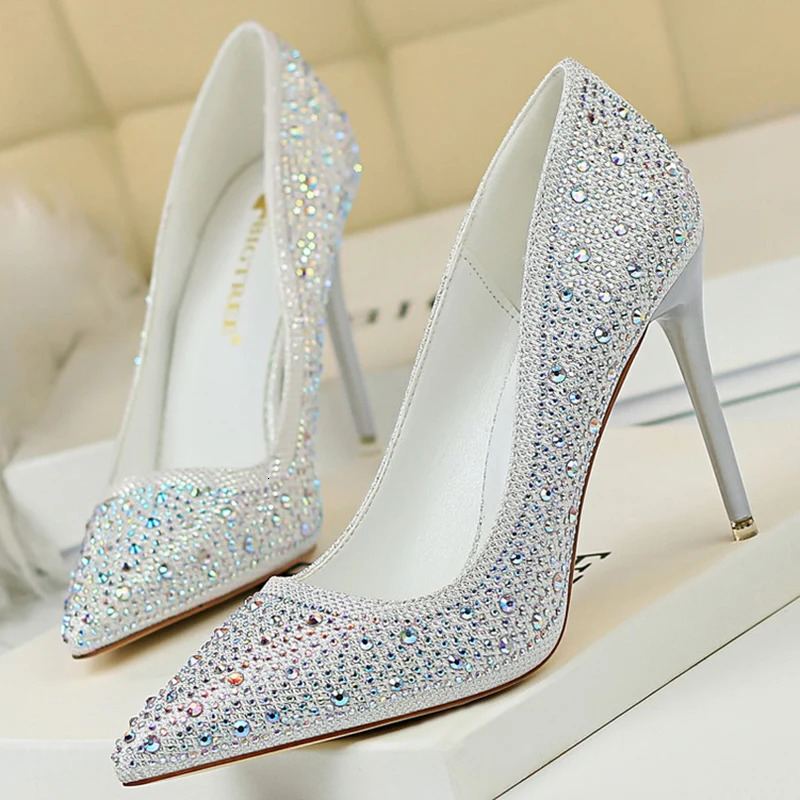 Women Glitter Rhinestone Thin High Heels Pumps Bride White Silver Heels Crystal Wedding Shoes Plus Size 241031