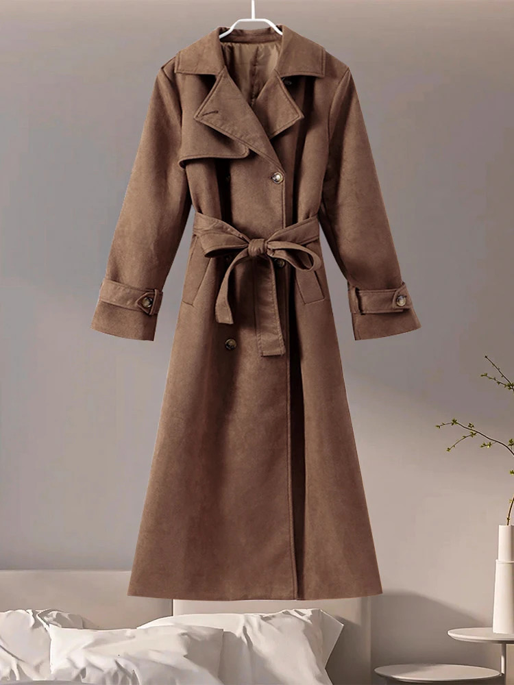 Suede with retro lapel double chest split style coat autumn womens long jacket street top 241031
