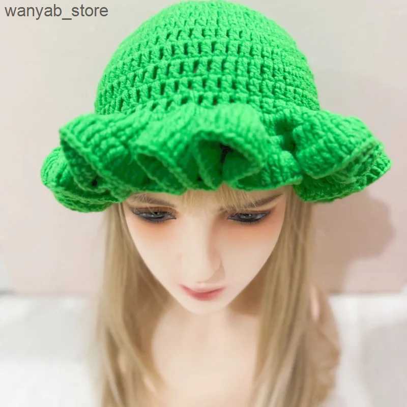 Wide Brim Hats Bucket Hats Ladies 2024 solid color ruffle edge crocheted wool hat frilly basin hat autumn and winter fun warm bucket hat L240910