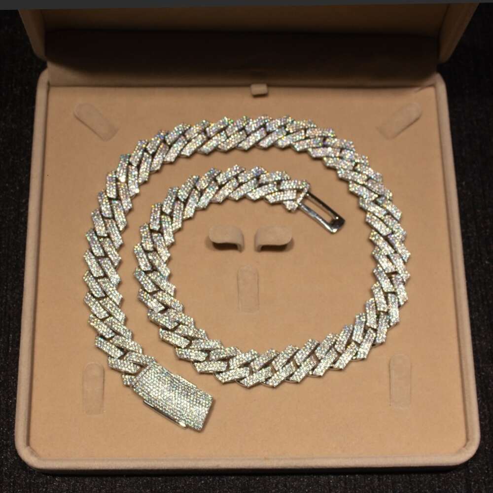 Iced Out Hip Hop 15mm 3 Rows Miami Cuban Link Vvs Moissanite Prong Setting Cuban Link Chain