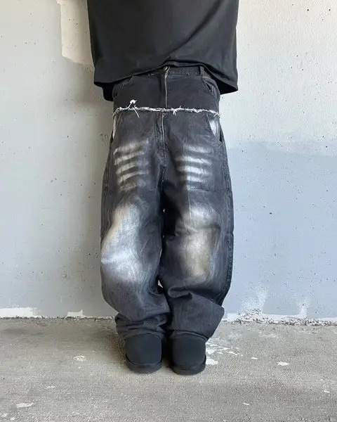 Goth Hip Hop Washed Tie Dye Baggy Jeans Retro Y2k Streetwear Layering West Black Jeans for Men Low Rise Denim Pants 241031