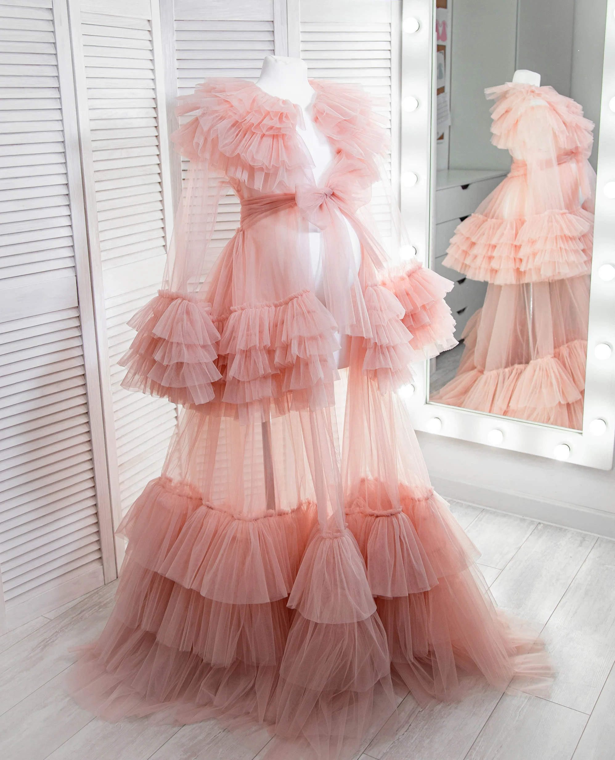 Customized Illusion Women Bathrobe Ruffles V Neck Long Sleeve Maternity Dresses Pregnant Tiered Nightgown Pijama Evening Dress