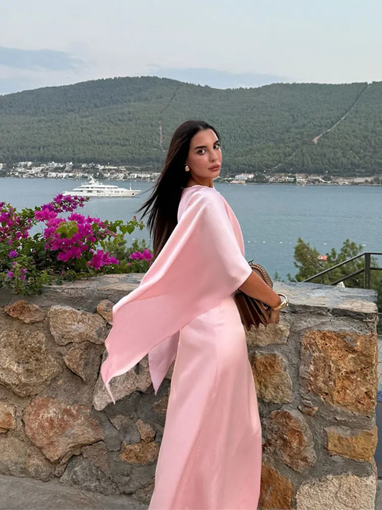 Pink Satin Cloak Long Sleeve Loose Robes For Women Elegant O Neck High Waist Slim Long Dress Ladies Club Evening Party Gowns 241031