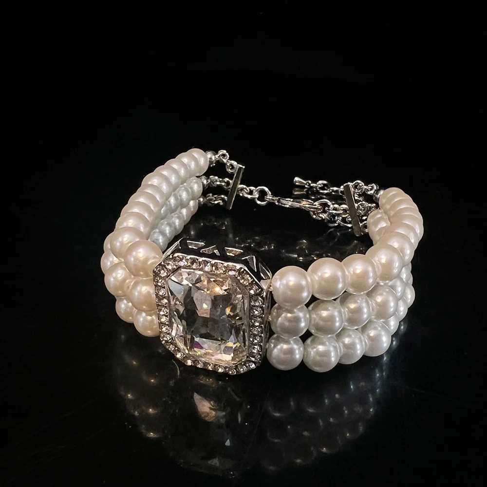 Medieval jewelry set with three layers of diamonds Swaro pearls European and American cross-border collage chain high-end bracelet 241031