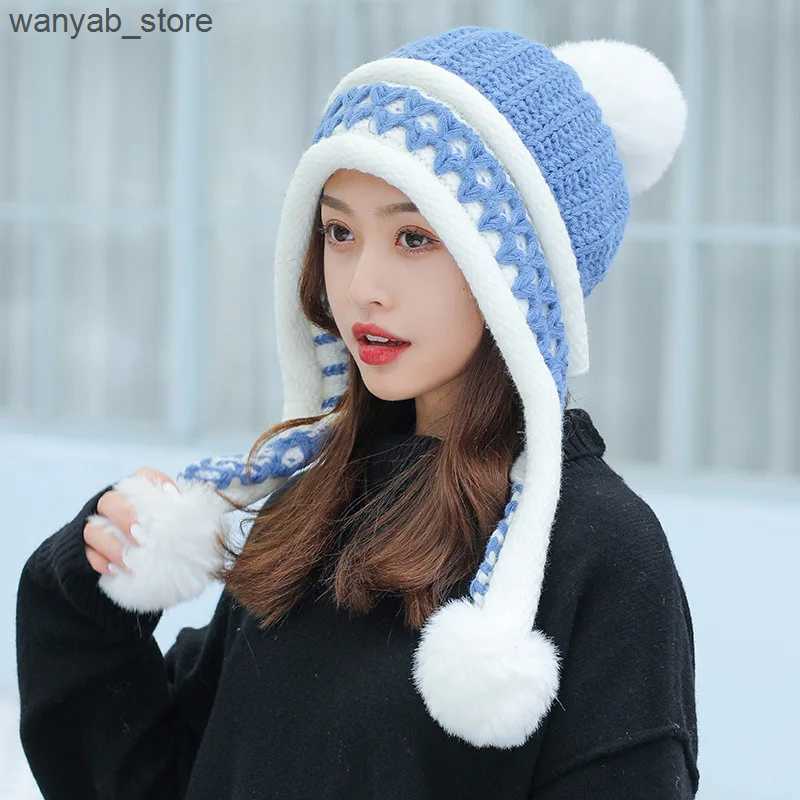 Wide Brim Hats Bucket Hats Women Winter Peruvian Cover Ears Beanie Hat Ear Flaps Sherpa Ski Snow Hats Knit Fce Lined 3 Pom L240910