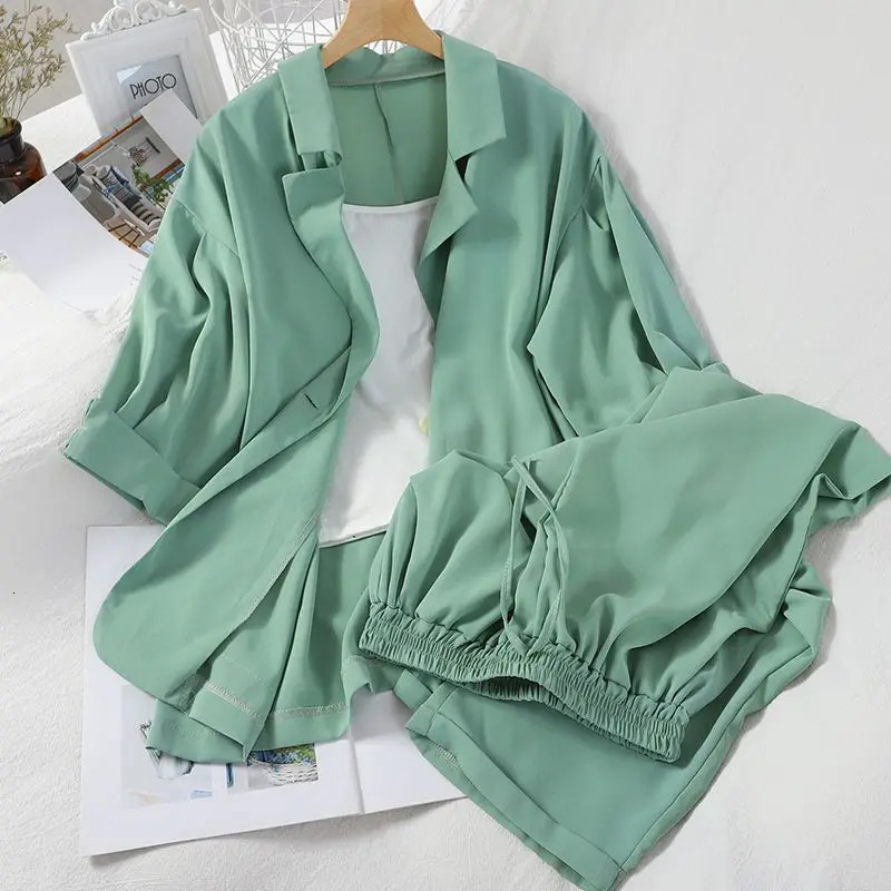 Sexy White Strap Casual Jacket Blazer Lace Up Wide Leg Pants Three Piece Elegant Womens Set Summer Outfits 240329