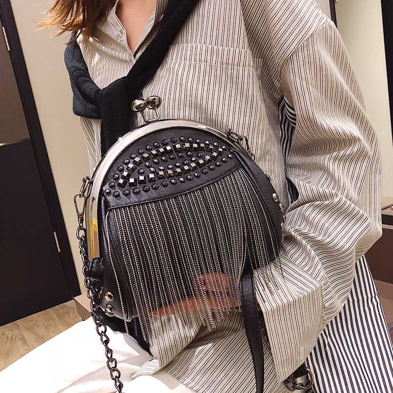 CMM New Trendy Womens Bag Diamond Studded Rivets and Tassels Fashion and Versatile Chain Single Shoulder Crossbody Hand Held Clip Shell Bag