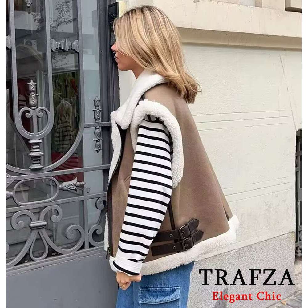 TRAFZA Fall Suede Fleece Women's Zipper Pocket High-Collar Coat New 2024 Fashion Casual Winter Oversize Vest