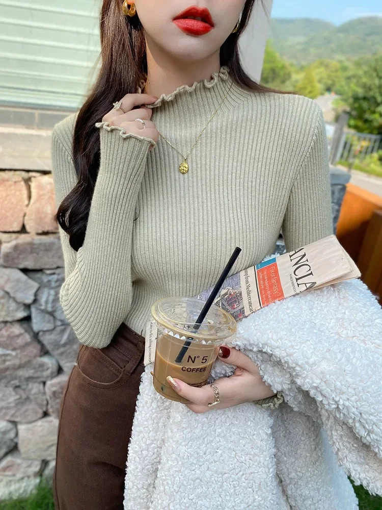 ZJAISS 2024 Long Sleeve Ruffles Turtleneck Slim Jumper Soft Warm Pull Femme Autumn Winter Sweater Women Knitted Ribbed Pullover 241031
