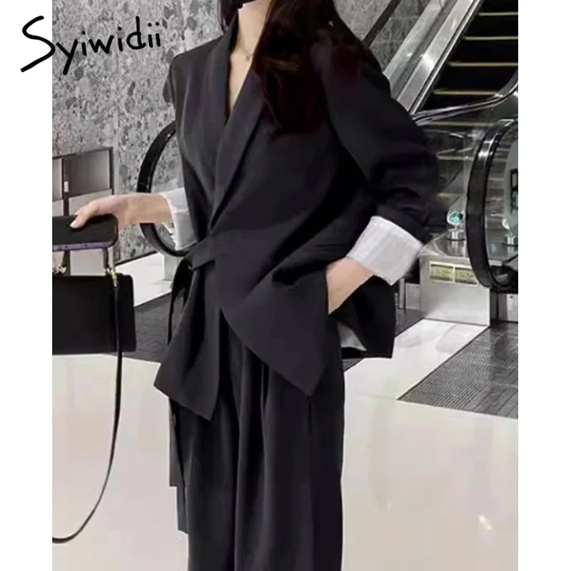 Syiwidii Elegant Suit Set Women Chic Asymmetrical Lace Up Blazer Straight Pants Temperament Commuting 2 Piece Woman Clothes 241031