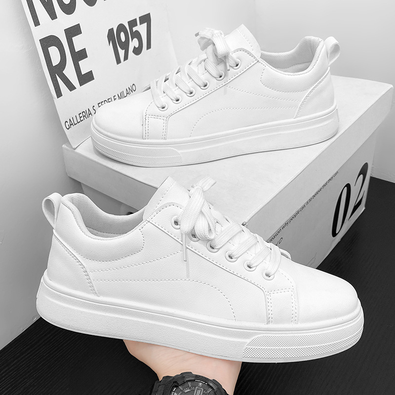Men Casual Shoes PU Leather Black White Non-Slip Lace Up Fashionable Comfortable Sports Platform Sneaker