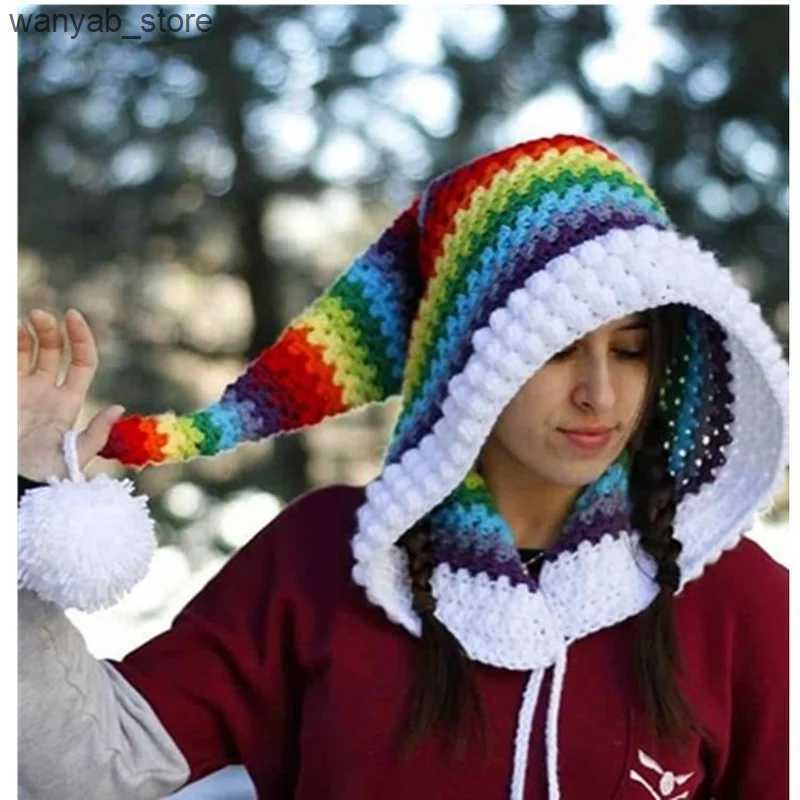Wide Brim Hats Bucket Hats Childrens crochet rainbow long tail hat wizard elf knitted wool warm hat men and women thickened winter long braided hat L2