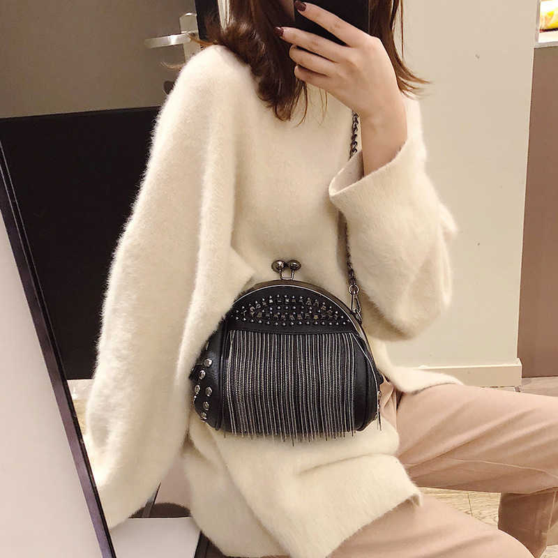 CMM New Trendy Womens Bag Diamond Studded Rivets and Tassels Fashion and Versatile Chain Single Shoulder Crossbody Hand Held Clip Shell Bag