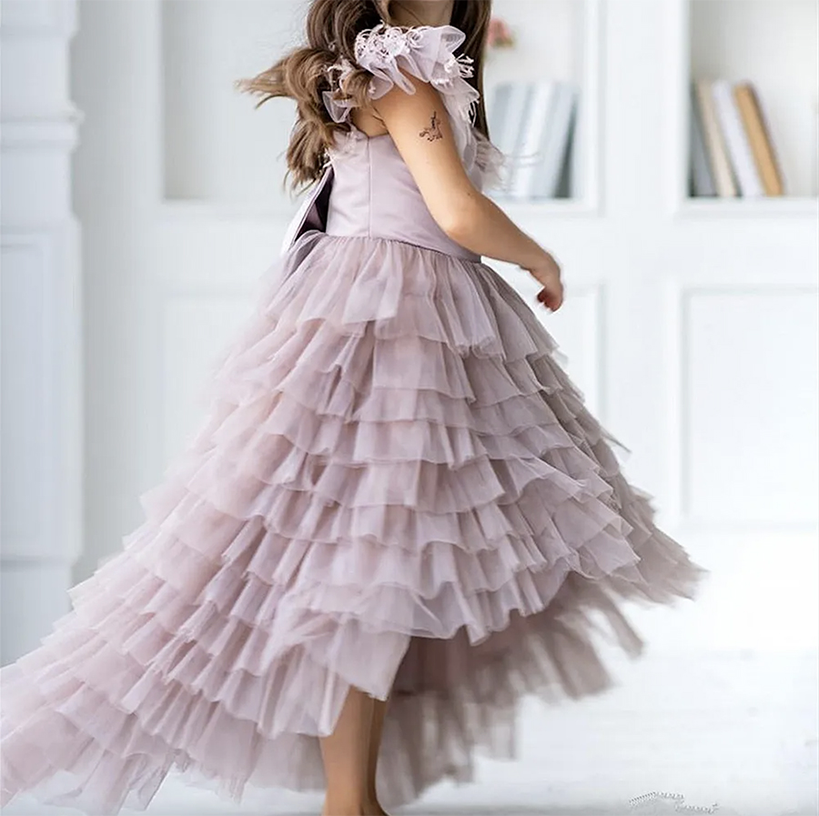 Flower Girls Dresses Appliques Spaghetti Straps Ball Gown Ruffles Tulle Wedding Bow Sash A Line Sequins Long Toddler Teens Pageant Party Gowns 0509