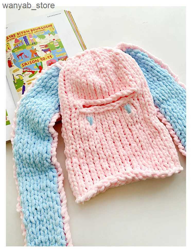 Wide Brim Hats Bucket Hats Y2K Long Bunny Ears Hat Winter Hand Made Knitted Funny Beanie Cap Thicken Warm Full Face Ski Mask Cover Balaclava For Party