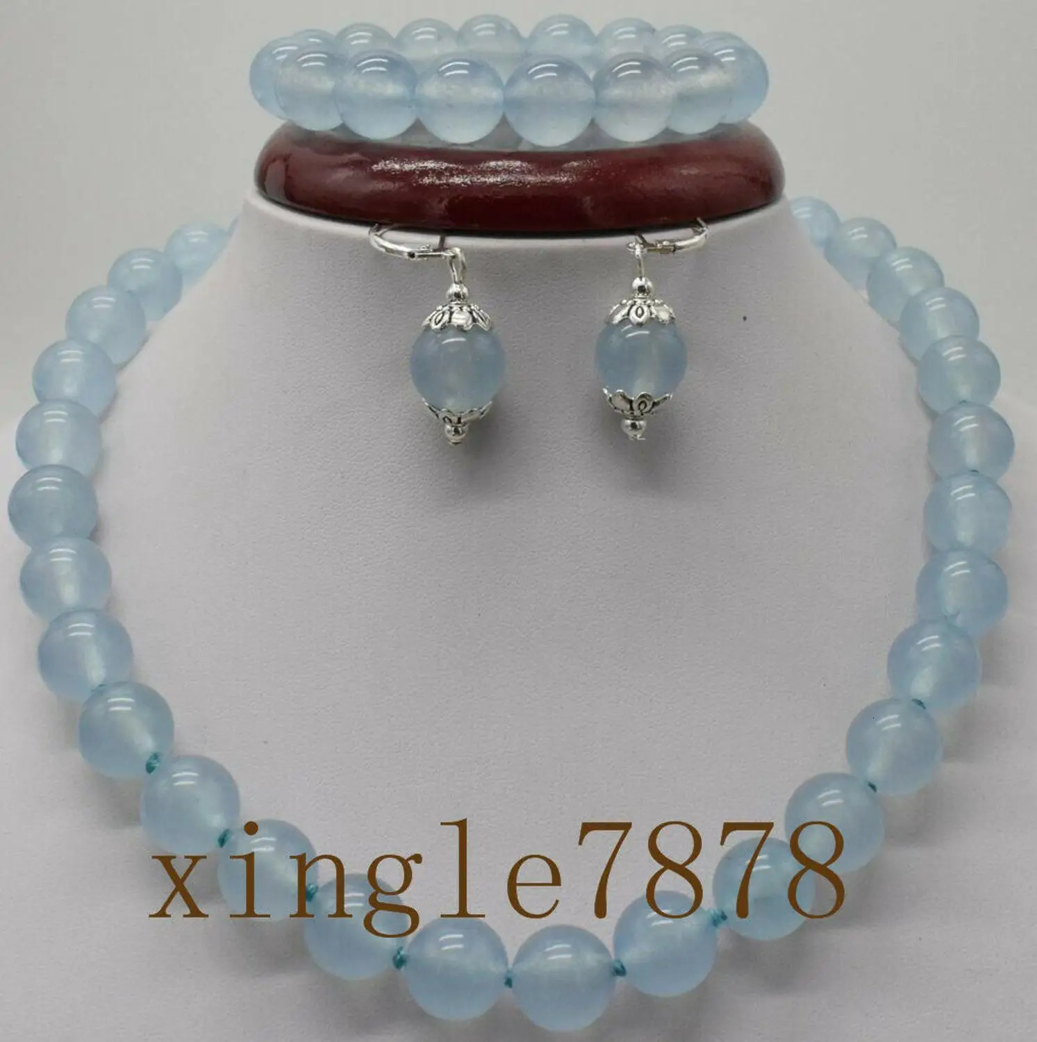 Natural 10mm Blue Sapphire Round Bead Bracelet Earring Necklace Set 241031