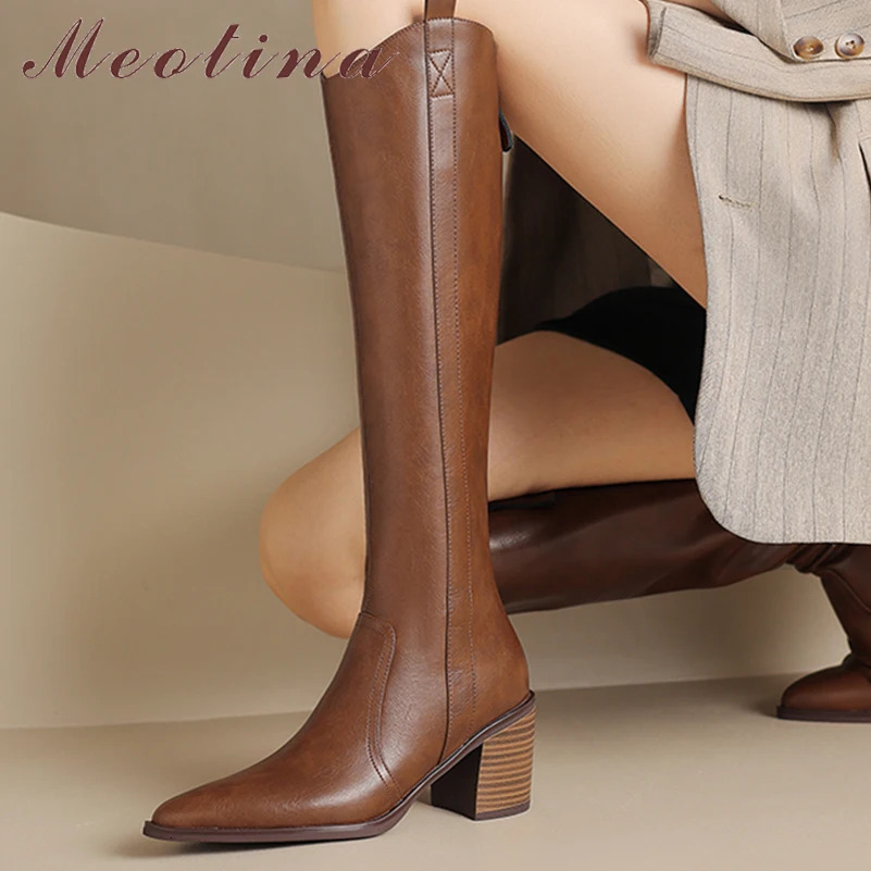 Meotina Women Genuine Leather Knee High Cowgirl Boots Pointed Toe Thick High Heels Zipper Western Gogo Boots Ladies Shoes Winter 241031