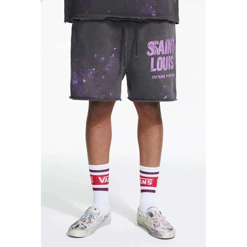 SAINT Clothing Handmade Ink Spray Retro Style Loop Fabric Summer Men's And Women's Casual Shorts Wash Black High Quality