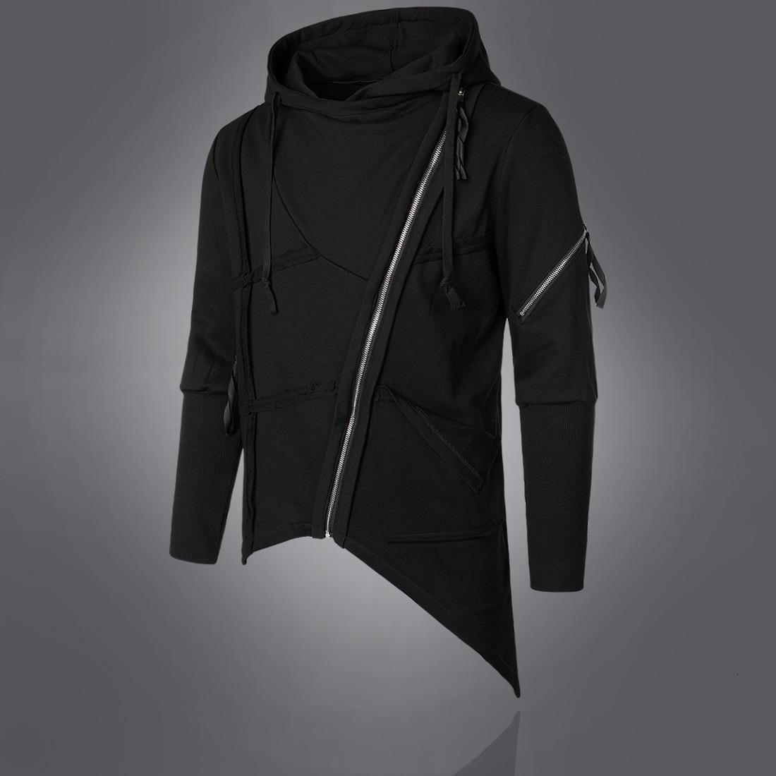 Men Hooded Sweatshirt Streetwear Fashion Hip Hop Black zip up hoodie Cloak Mantle japan Asymmetrical hem Long Hoodies boy 201113