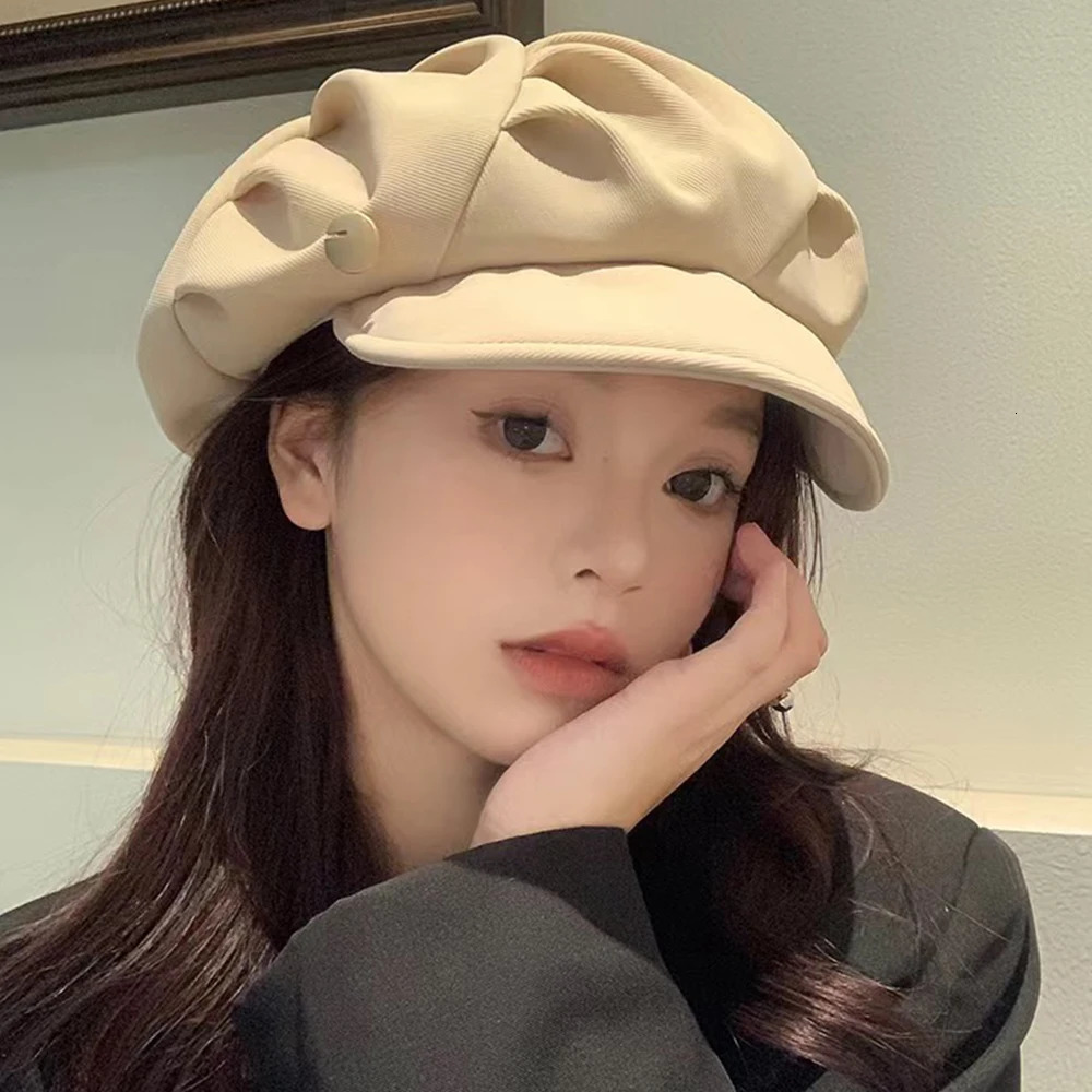 Vintage Octagonal Hat Solid Color Pleated Berets Artist Painter spaper Cap Winter Autumn Casual Street Brim Caps 241031