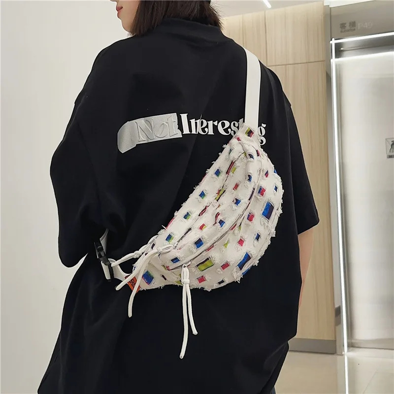 cracked hole hip-hop punk Fanny bag mens large capacity canvas single shoulder cross body bag 241031