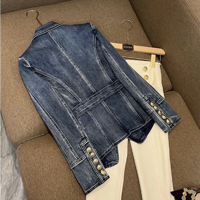 Chic Women Double Breasted Slim Waist Demin Blazers Coat Spring Cowboy Cardigan OL Turn-down Collar Jeans Jacket Outwear Tops 240321