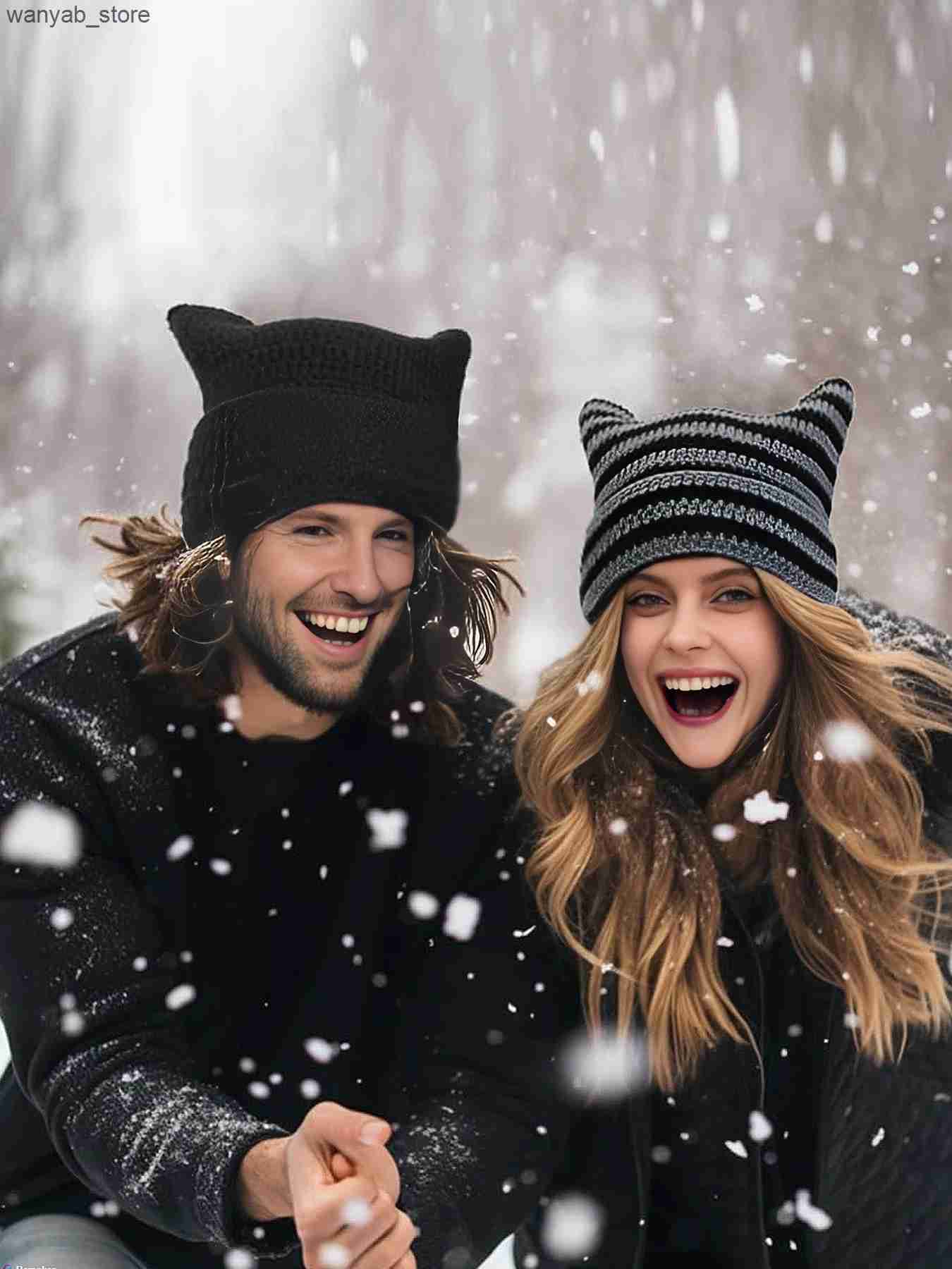 Wide Brim Hats Bucket Hats Cute Cat Ear Beanie Crochet Hats for Women Girl Knitted Y2K Striped Winter Warm Loose Fit Handmade HipHop Stylish Skullies 