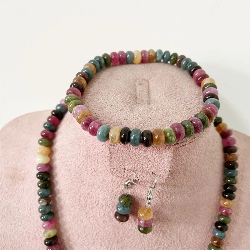 Rare 5 * 8MM tourmaline natural stone jewelry set colorful bead necklace earrings bracelet chain necklace trend simple n party 241031
