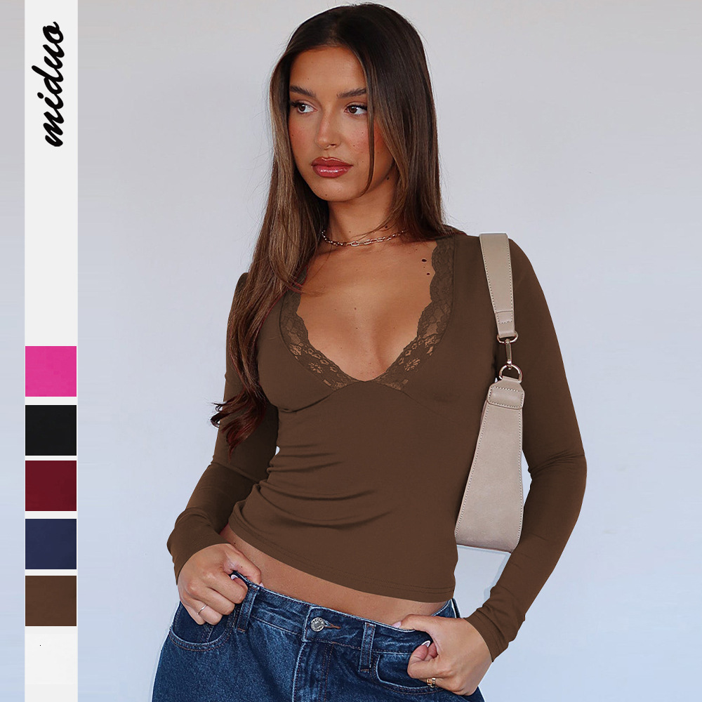 Fashionable V-neck lace and lace patchwork design slim fit short top autumn T-shirt for women 210302