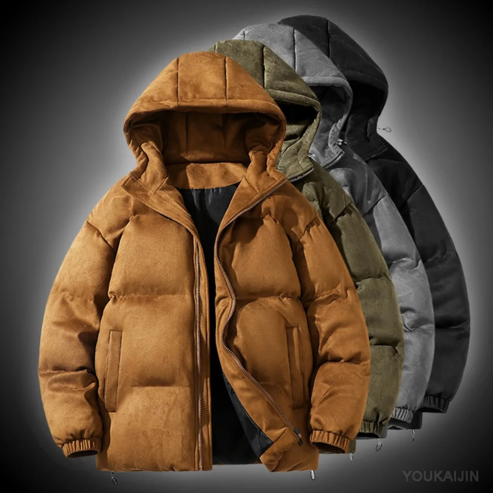 Suede Parka Hoodie Jacket Men Puffer with Cotton Padded Winter Coats Streetwear Thicken Warm Plus Size 5XL 241031