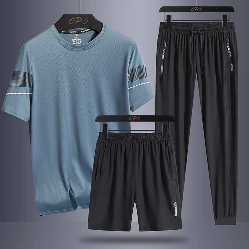 Mens and womens summer striped sports set outdoor ice silk running thin pullover Tshirt three piece basketball suit 241024