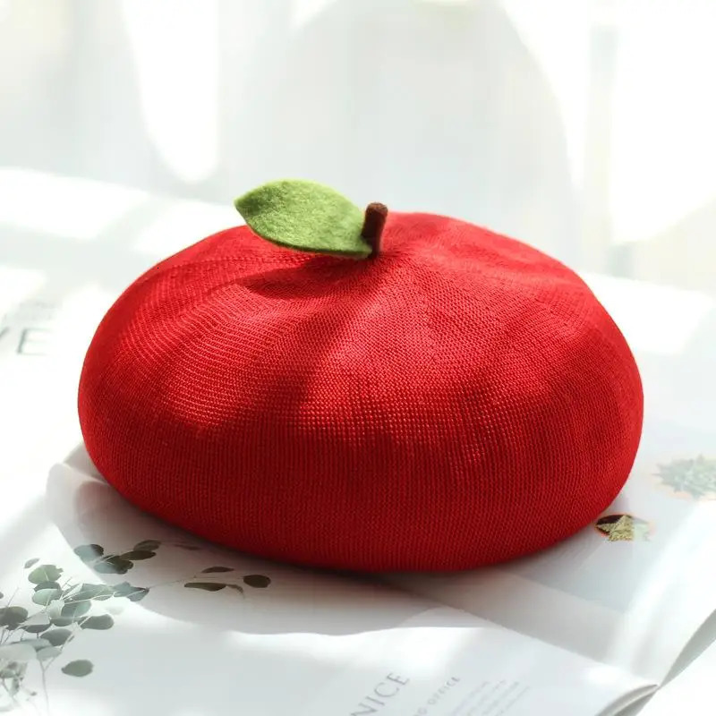 Spring Autumn Women Handmade Beret Hat Cute Fruit Pink Red Painter Girl Thin Breathable Beanie Present Cap 241031