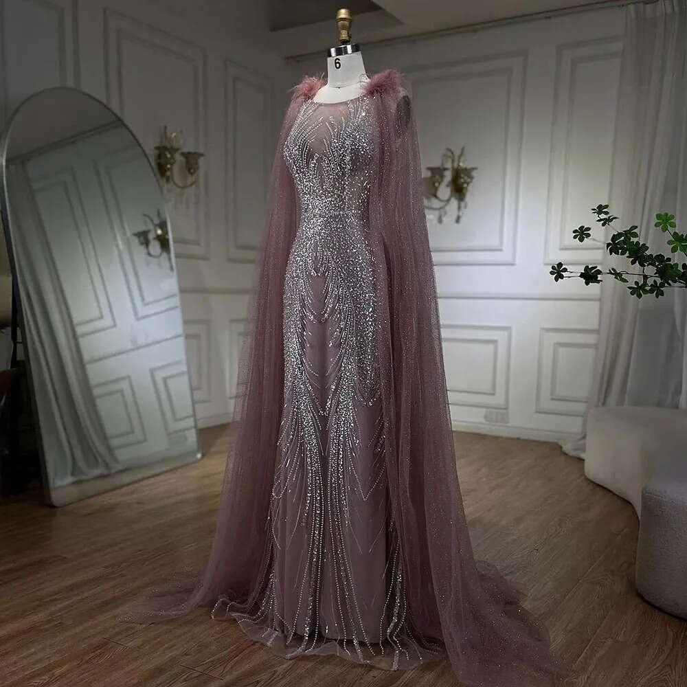 Hill Arabic Serene Pink Mermaid Evening Dress with Elegant Feathers Beaded Cape Sleeves for Women s Party BLA A