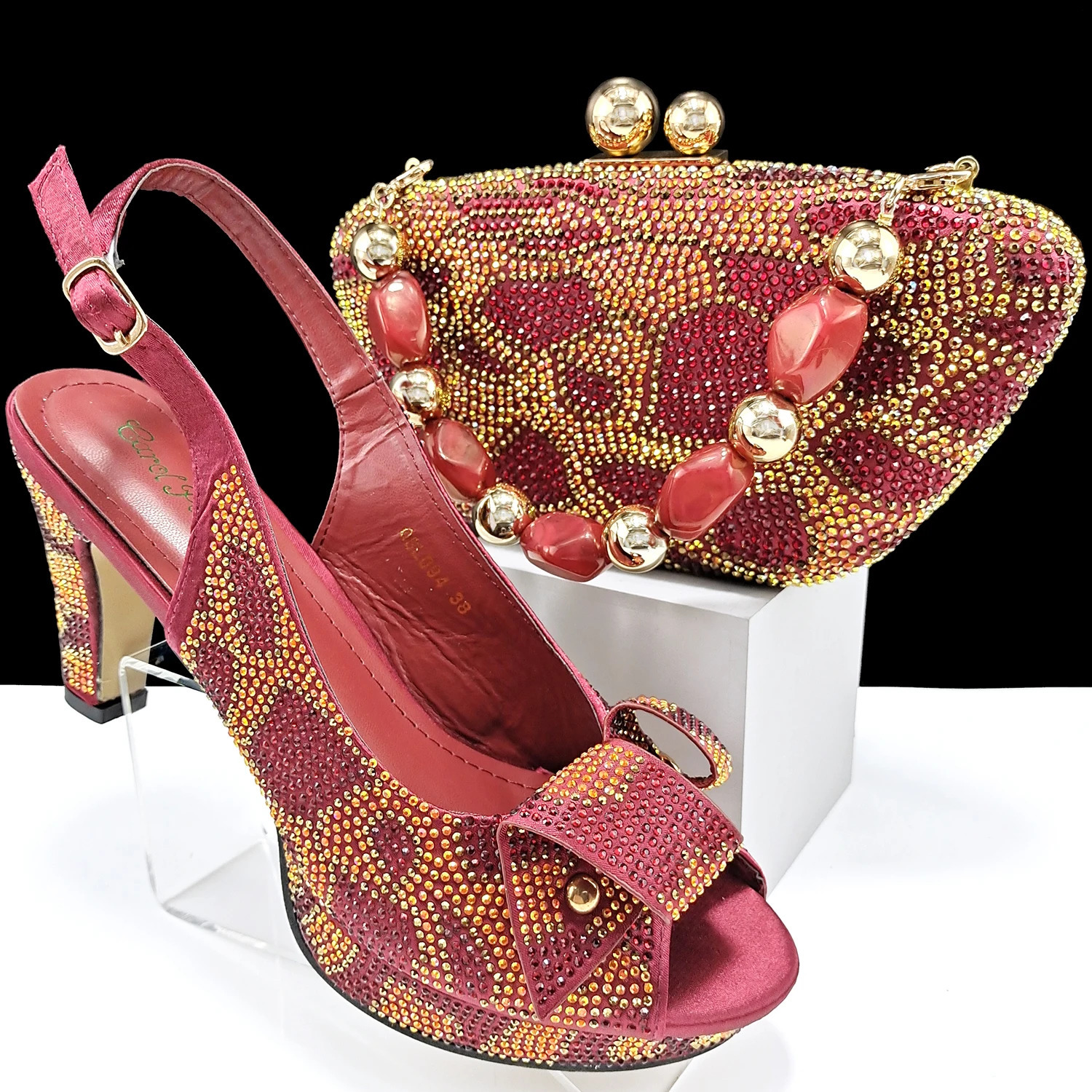 Gold Pointed Toe High Heels for Women Mixed Rhies Pumps Italian Shoes and Bags Matching Set For Elegant Party 38-43 250228