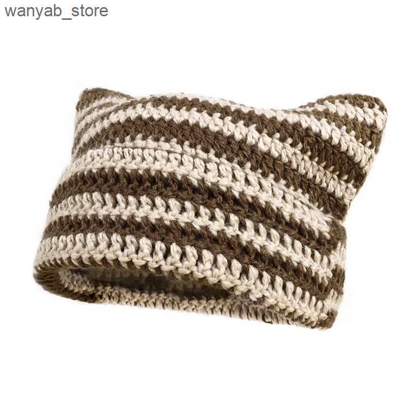 Wide Brim Hats Bucket Hats Womens Crochet Hats with Ears Ladies Knitted Beanie Striped Y2k Funny Cat Style Autumn Winter Green Beige Black Gray White 