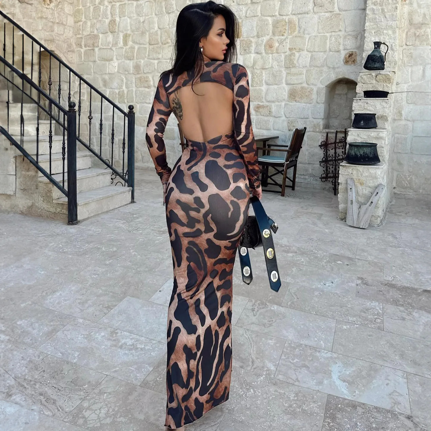 Summer Womens High Neck Long Sleeved Backless Sexy Slim Fit Long Skirt Printed Dress 241031
