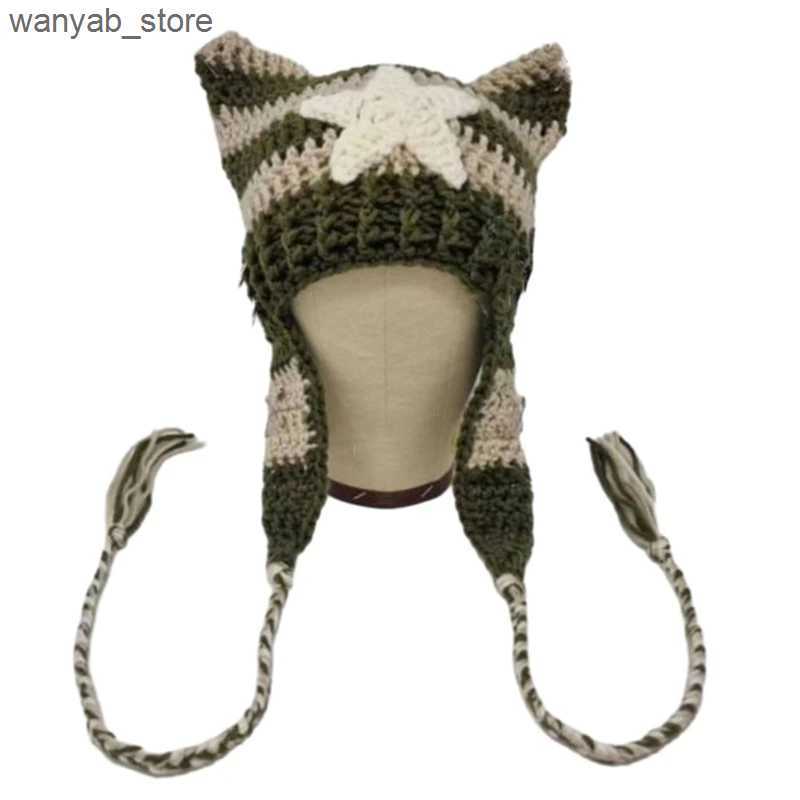 Wide Brim Hats Bucket Hats Y1UB Handmade Crochet Beanie Hat Ear Soft Skull Hat Teens Girls Y2K Ear Muff Hat L240910