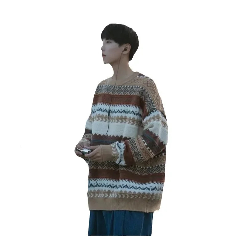 Mens Christmas Sweater Autumn Winter Round Neck Japanese Vintage Striped Knitted Top Lazy Loosefit Jacket 241031