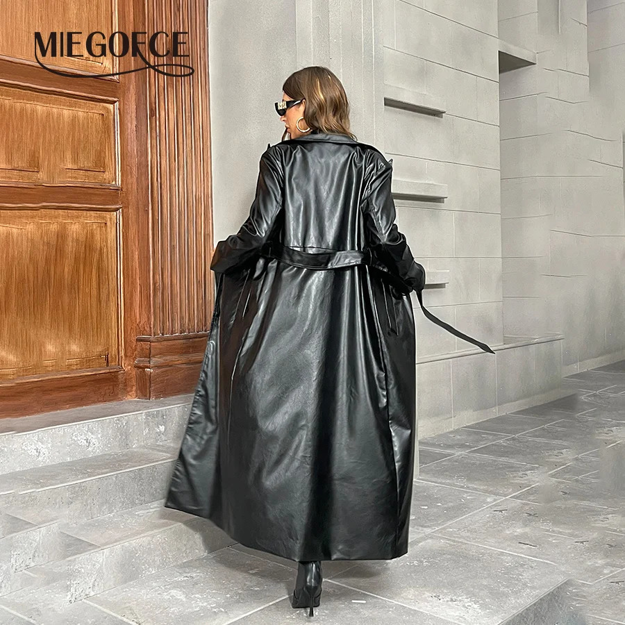 MIEGOFCE European and American autumn and winter jacket womens belt chic lapel collar PU leather extra long collar jacket 1781 241031